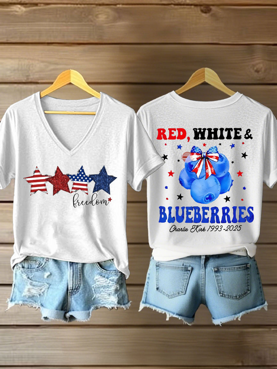 Red White And Blueberries Merch V-Neck Shirt 1993 2025 Live Free Charlie Kirk Shirts