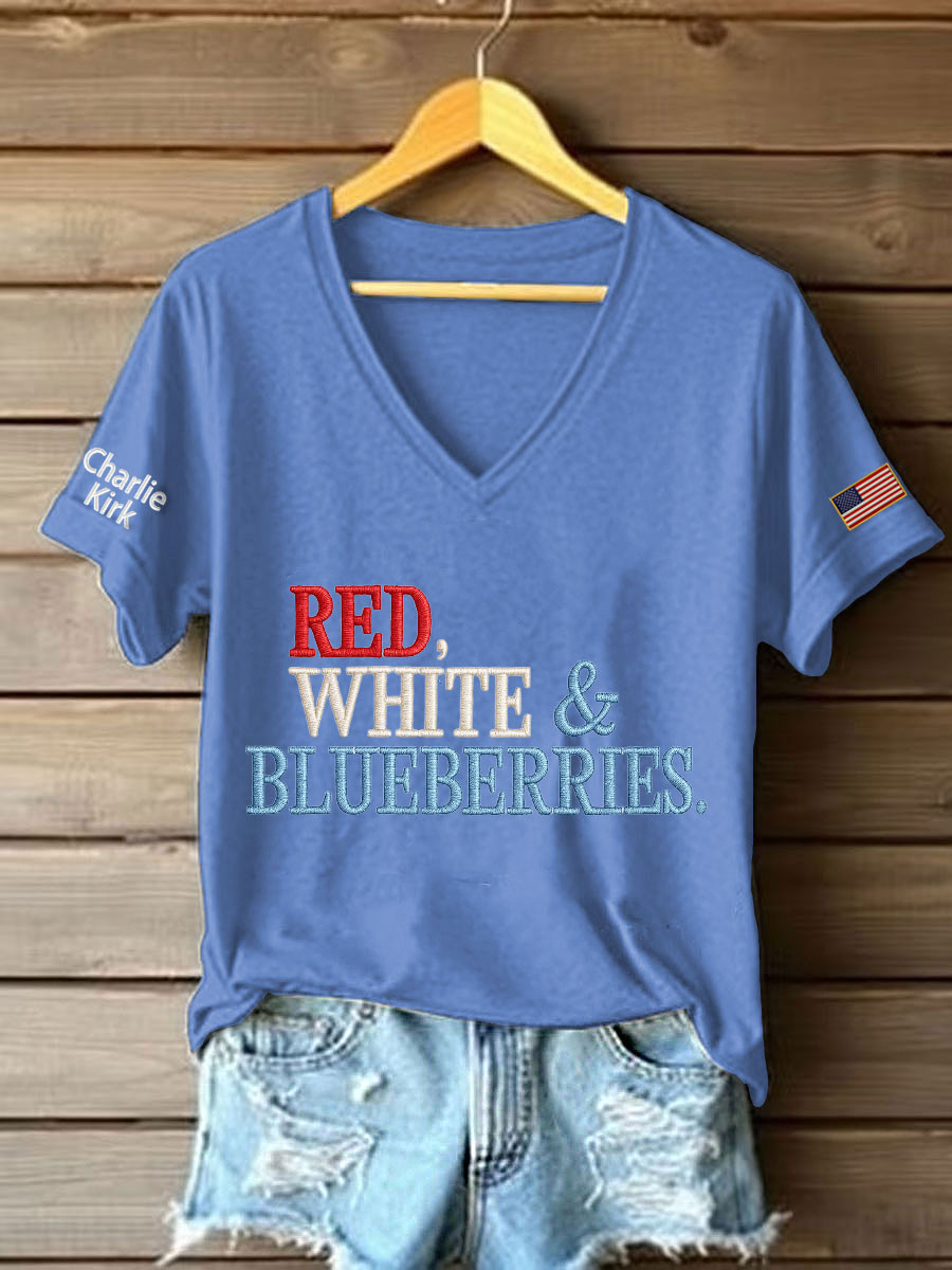 Red White And Blueberries Merch V-Neck Shirt Best Proud Best Charlie Kirk Clothing