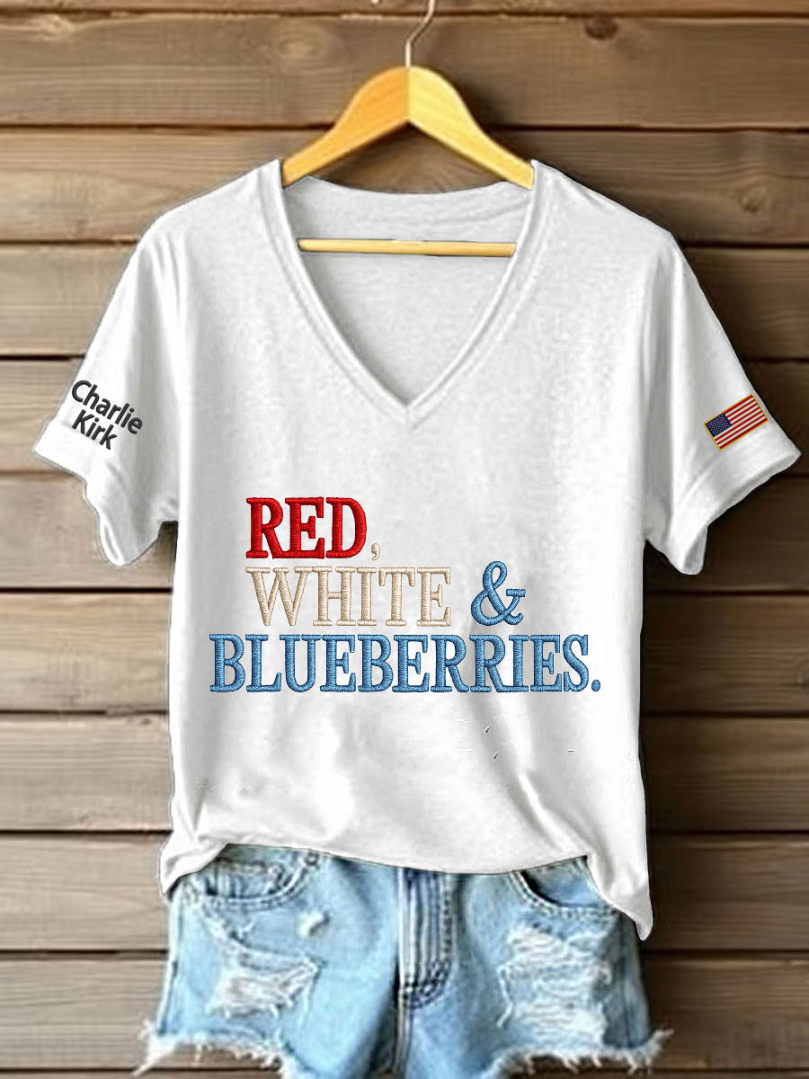 Red White And Blueberries Merch V-Neck Shirt Best Proud Best USA Charlie Kirk Apparel