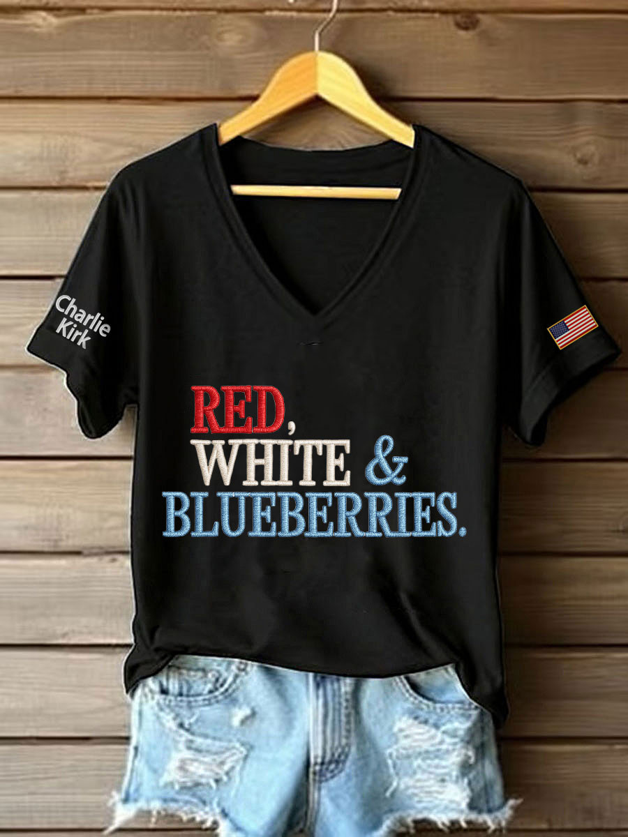 Red White And Blueberries Merch V-Neck Shirt Best Proud Cool USA Charlie Kirk Apparel