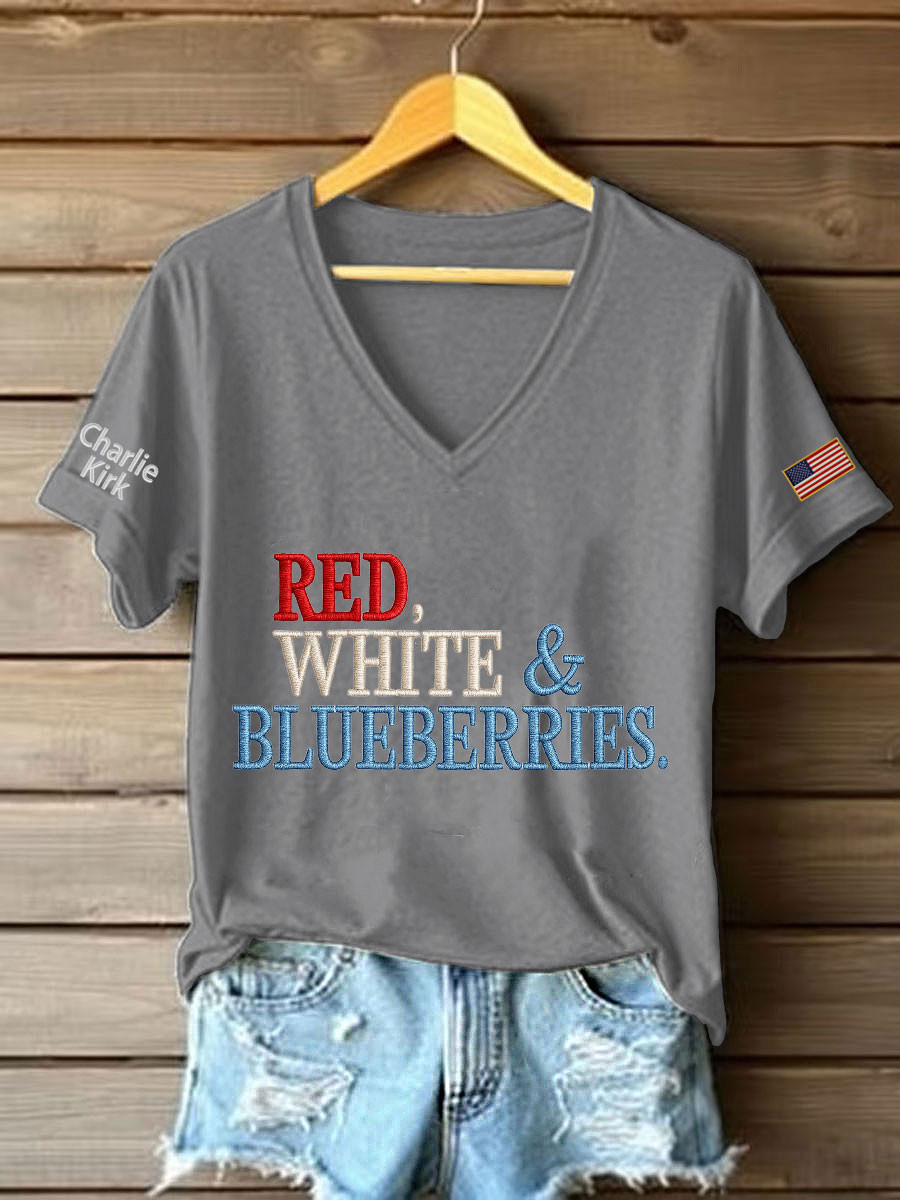 Red White And Blueberries Merch V-Neck Shirt Best Proud Gifts For Charlie Kirk Supporters