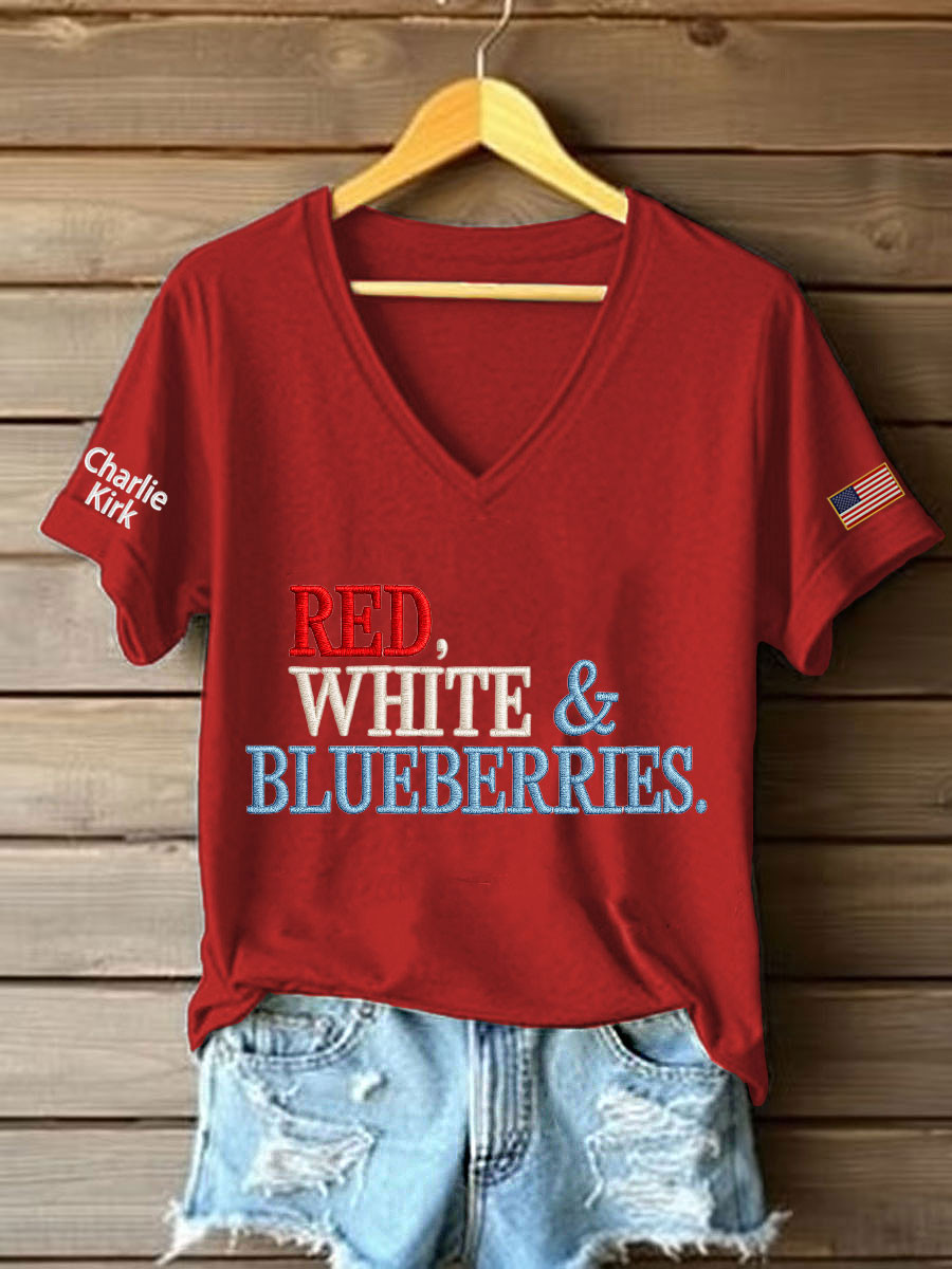 Red White And Blueberries Merch V-Neck Shirt Best Unique USA Charlie Kirk Apparel