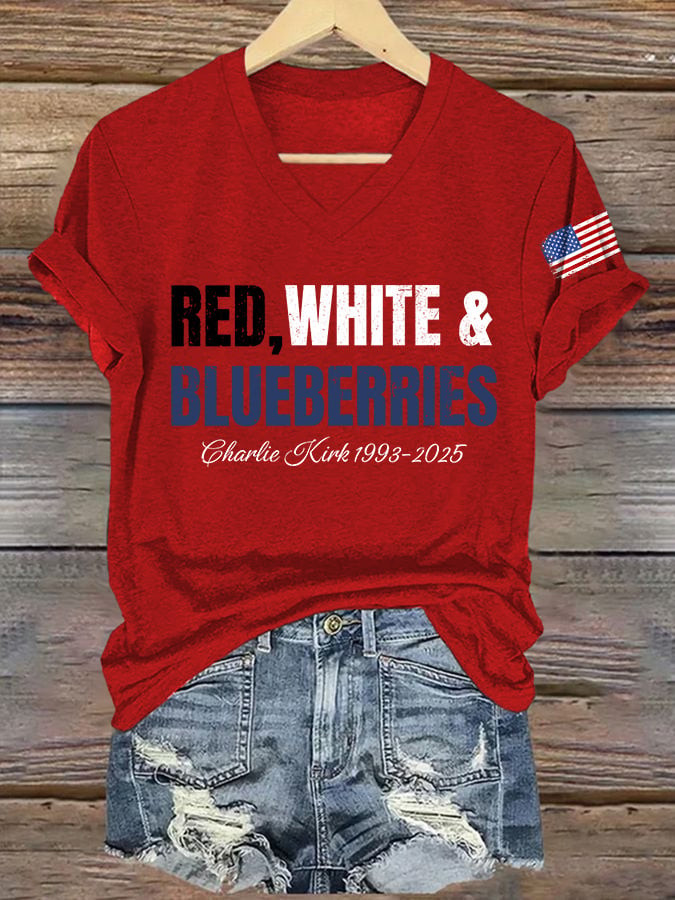 Red White And Blueberries Merch V-neck Shirt Charlie Kirk 1993 2025 Freedom Outfits