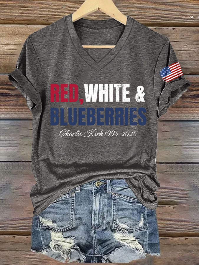Red White And Blueberries Merch V-neck Shirt Charlie Kirk 1993 2025 Freedom TPUSA Clothing