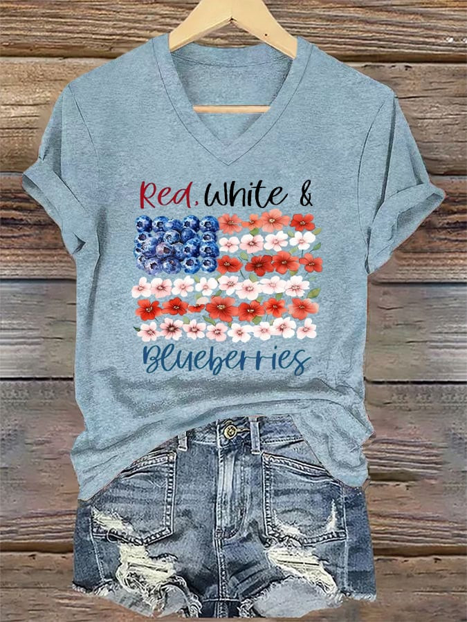 Red White And Blueberries Merch V-Neck Shirt Flowers Charlie Kirk 47 TPUSA Freedom Shirt