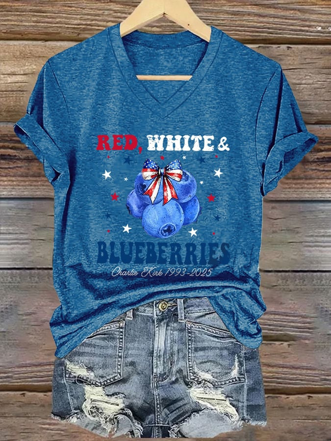 Red White And Blueberries Merch V-Neck Shirt Freedom Charlie Kirk 1993 2025 Unique Liberty Wear