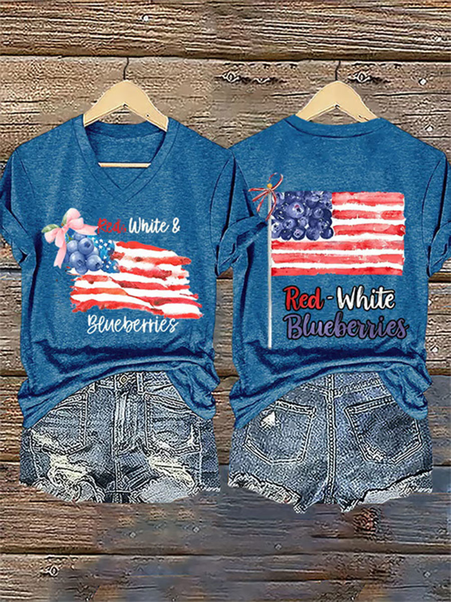 Red White And Blueberries Merch V-neck Shirt Freedom Charlie Kirk U.S Flag CK Wore