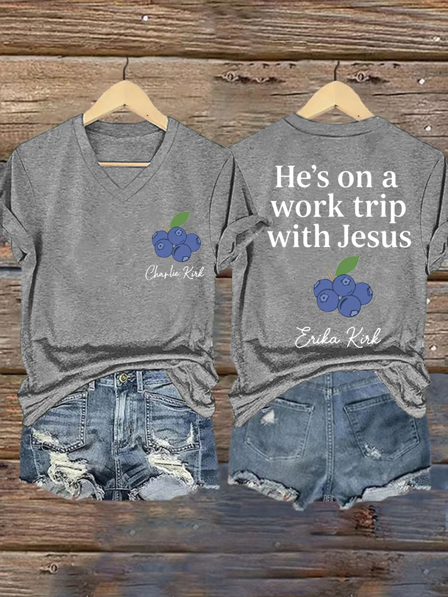 Red White And Blueberries Merch V-neck Shirt He's On A Work Trip With Jesus Best CK Wore