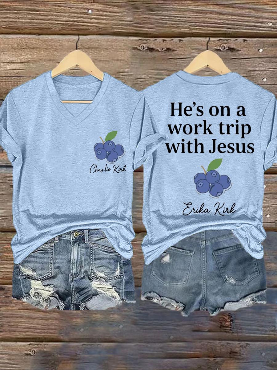 Red White And Blueberries Merch V-neck Shirt He's On A Work Trip With Jesus Cool CK Wore