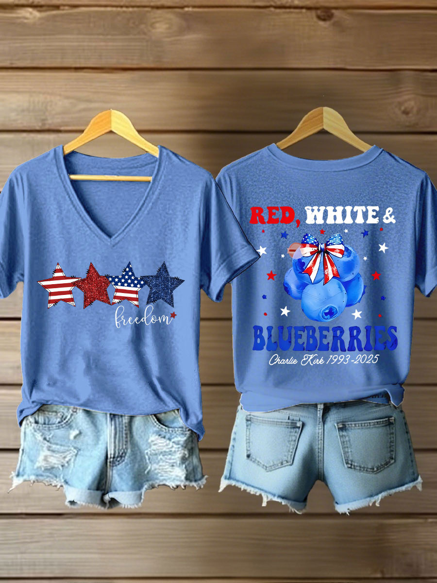 Red White And Blueberries Merch V-Neck Shirt Pray For Charlie Kirk Live Free 47 Shirt