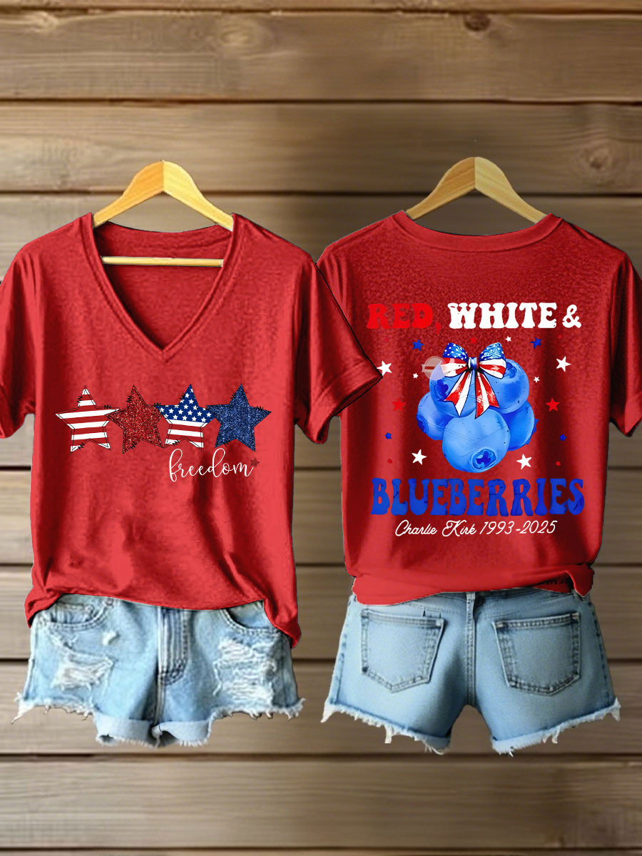 Red White And Blueberries Merch V-Neck Shirt Pray For Charlie Kirk Live Free CK 47 Shirt