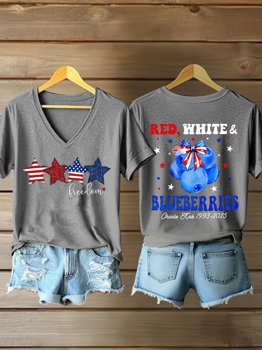 Red White And Blueberries Merch V-Neck Shirt Pray For Charlie Kirk Live Free CK 47 Shirts