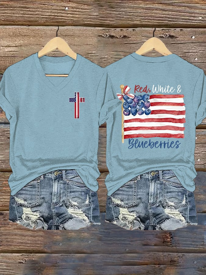 Red White And Blueberries Merch V Neck T-shirt Freedom For Charlie Kirk U.S Cross TPUSA Shirt