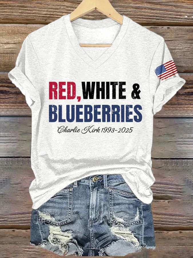 Red White And Blueberries Merch White V-Neck Shirt CK 1993 2025 Freedom Freedom TPUSA Apparel