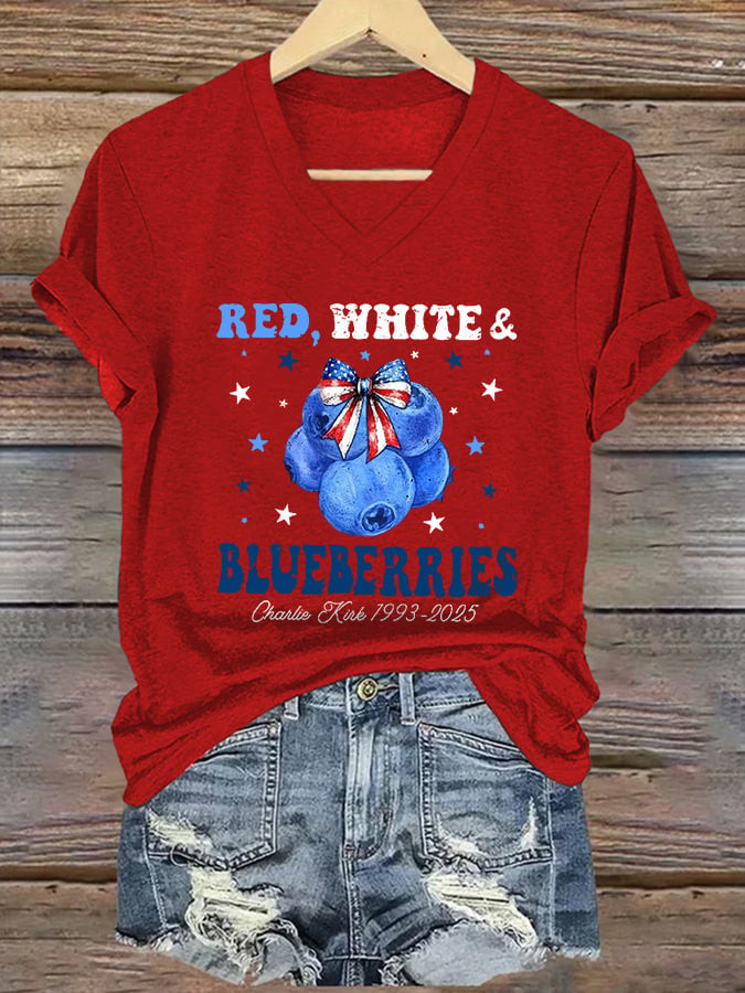 Red White And Blueberries Red V-neck Shirt Freedom Charlie Kirk 1993 2025 Live Free T-Shirt