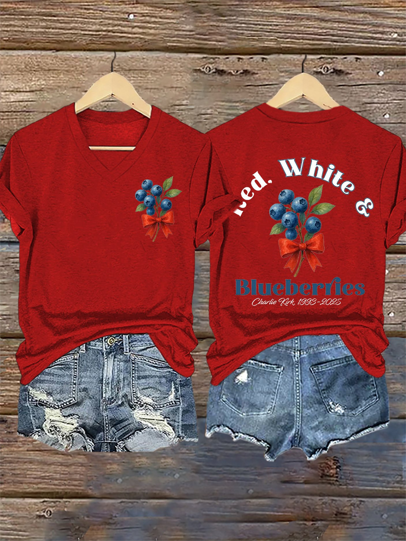 Red White And Blueberries V-Neck Shirt Charlie Kirk Freedom Charlie 47 Freedom Outfits