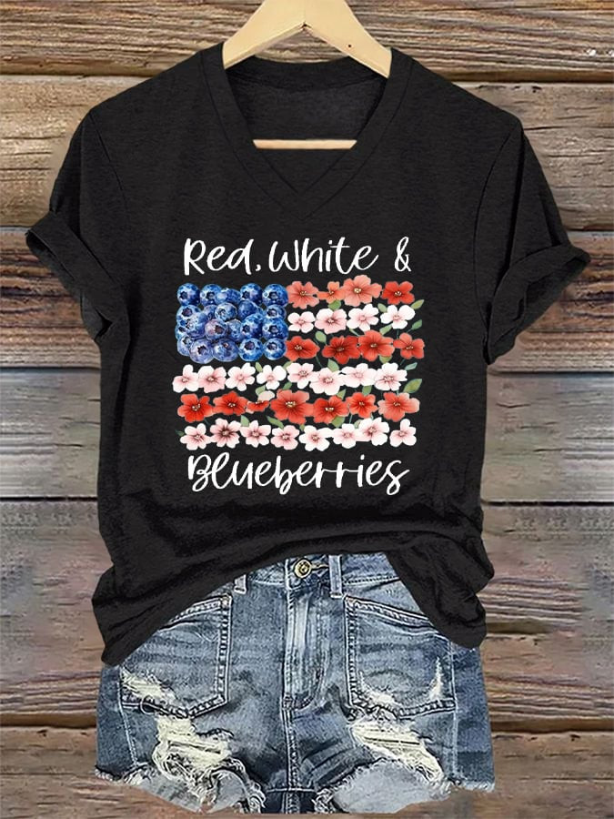 Red White And Blueberries V-Neck Shirt Charlie Kirk Freedom Flower Charlie Freedom Clothing