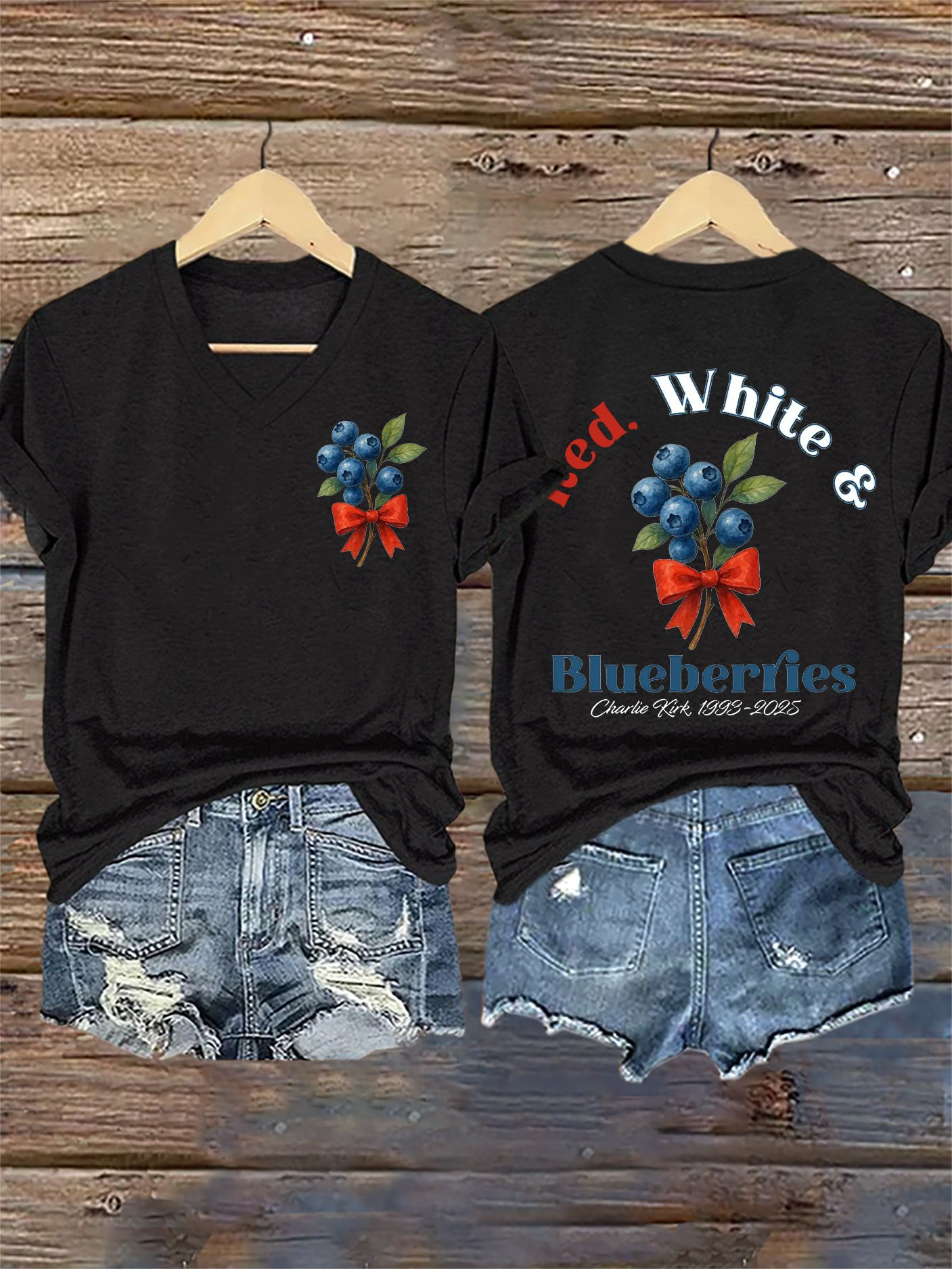 Red White And Blueberries V-Neck Shirt Charlie Kirk Is Our Hero Best Charlie Kirk Show Merch