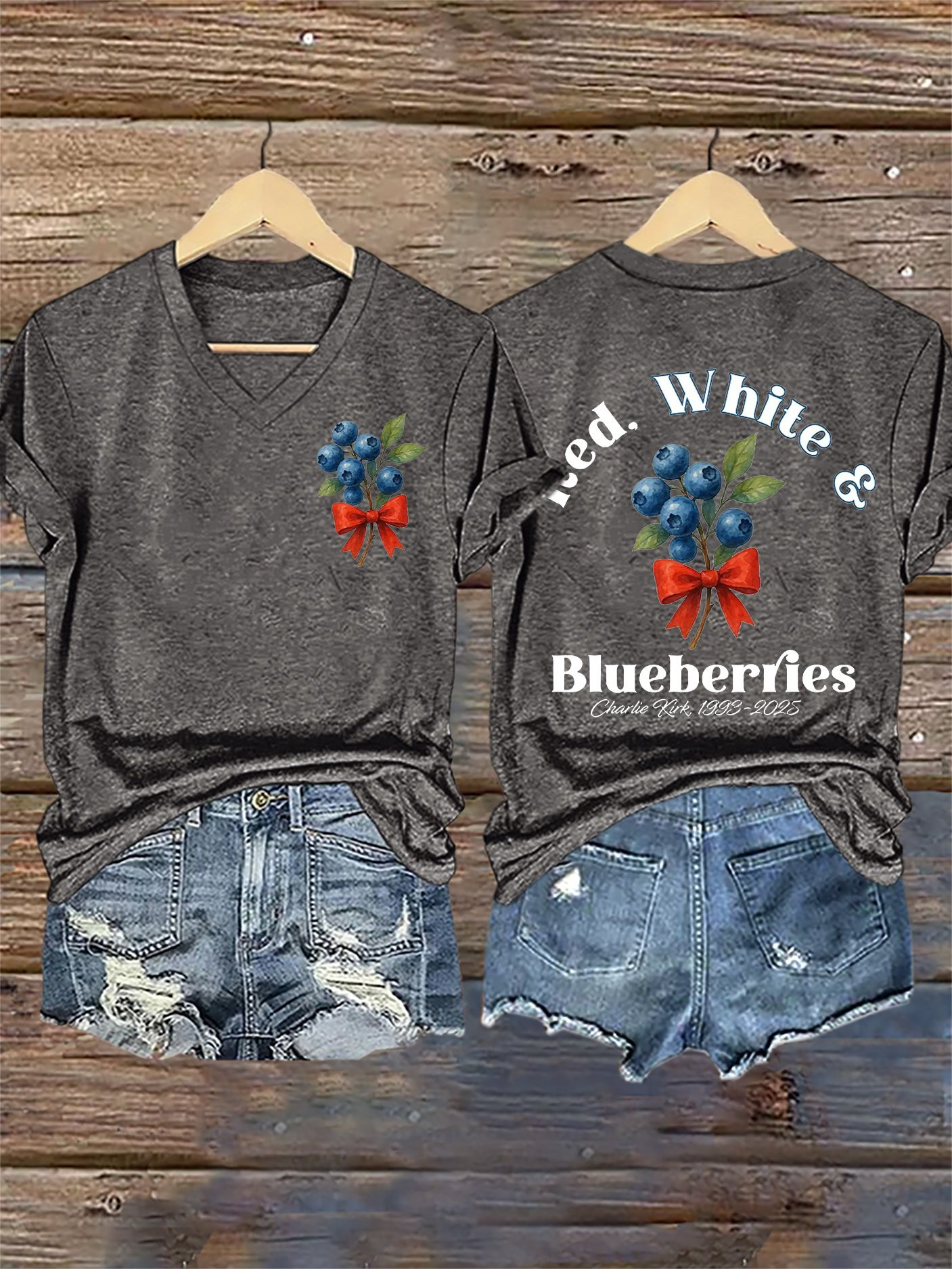 Red White And Blueberries V-Neck Shirt Charlie Kirk Is Our Hero Unique Charlie Kirk Show Merch