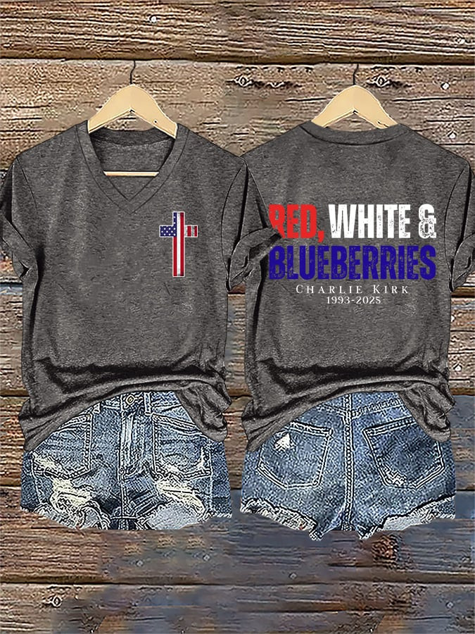 Red White And Blueberries V-neck Shirt Freedom Charlie Kirk 1993 2025 Live Free Merch