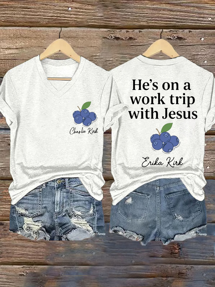 Red White And Blueberries V-Neck Shirt He's On A Work Trip With Jesus Best Freedom 86-45 Shirt