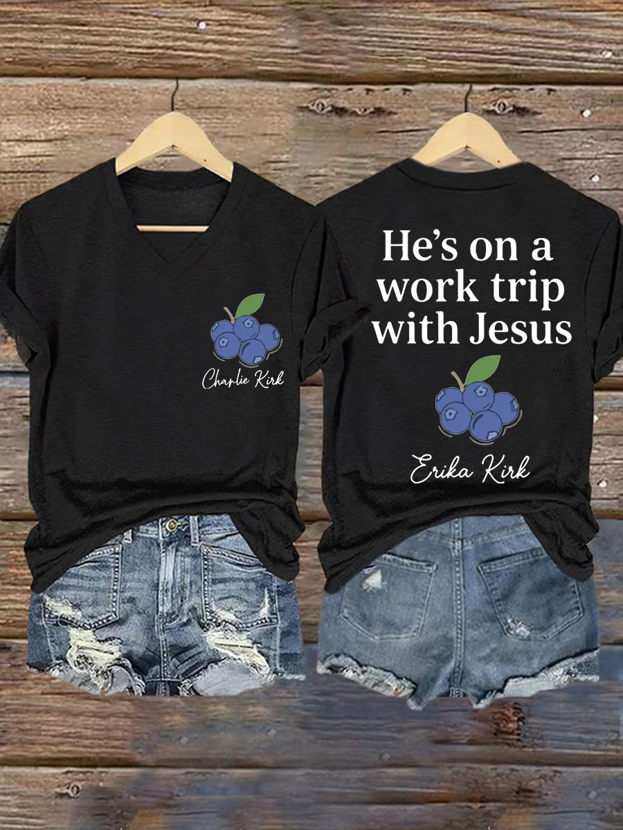 Red White And Blueberries V-Neck Shirt He's On A Work Trip With Jesus Freedom 86-45 Shirt