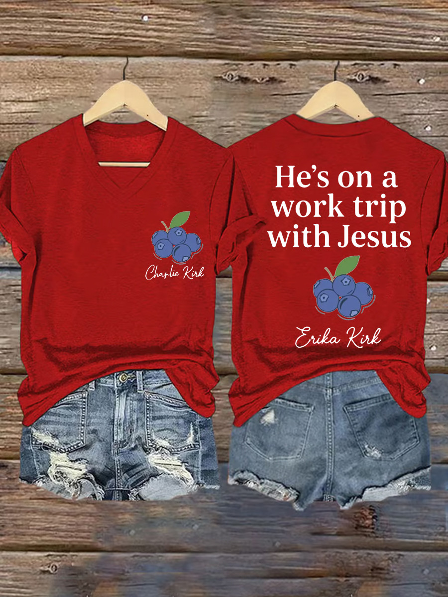 Red White And Blueberries V-Neck Shirt He's On A Work Trip With Jesus Tribute Freedom 86-45 Shirt