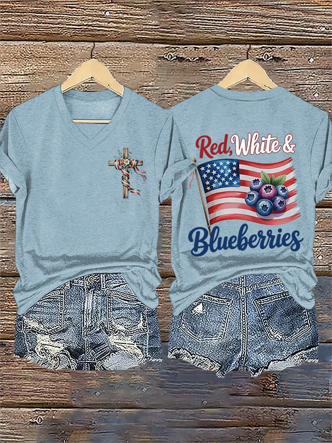 Red White And Blueberries V-neck Shirt Justice For Charlie Kirk 47 Freedom TPUSA Clothing