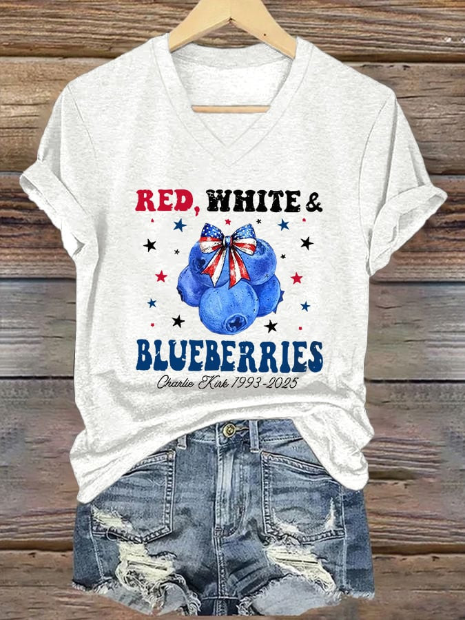 Red White And Blueberries V-Neck Shirt Pray For Charlie Kirk 1993 2025 Free 4 Shirt Merch