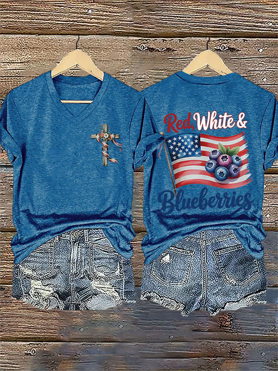 Red White And Blueberries V-Neck Shirt Pray For Charlie Kirk 31 Years Best Freedom 86-45 Shirt