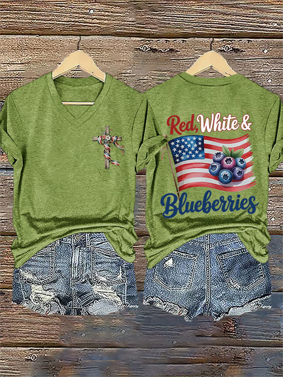 Red White And Blueberries V-Neck Shirt Pray For Charlie Kirk 31 Years Rip Freedom 86-45 Shirt