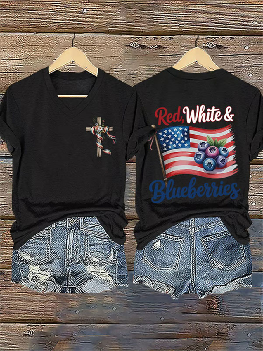 Red White And Blueberries V-Neck Shirt Pray For Charlie Kirk R.I.P Freedom 86-45 Shirt