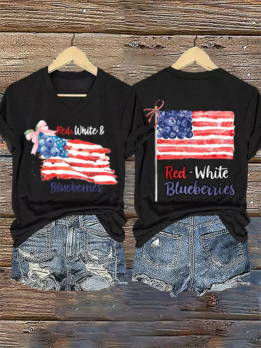 Red White And Blueberries V-Neck Shirt Pray For Charlie Kirk Red Freedom Shirt Charlie Kirk