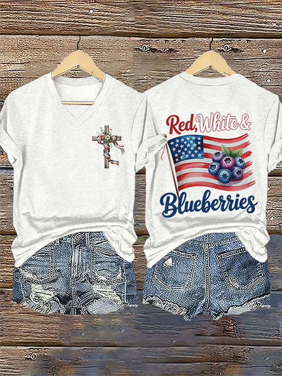 Red White And Blueberries V-Neck Shirt Pray For Charlie Kirk RIP Best Freedom 86-45 Shirt