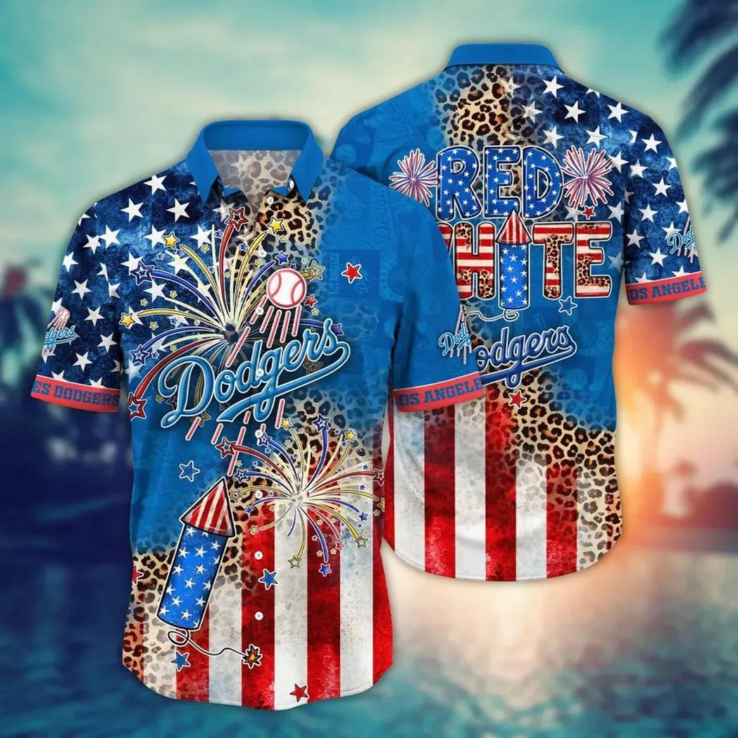 Red White And Dodgers Hawaiian Shirt Fireworks American Flag 4Th Of July Holiday Gifts