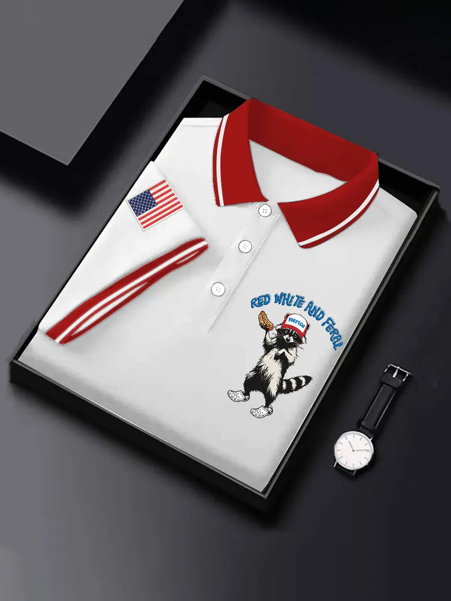Red White and Feral American Flag Polo Shirt Patriotic Gift for Fourth of July Fans