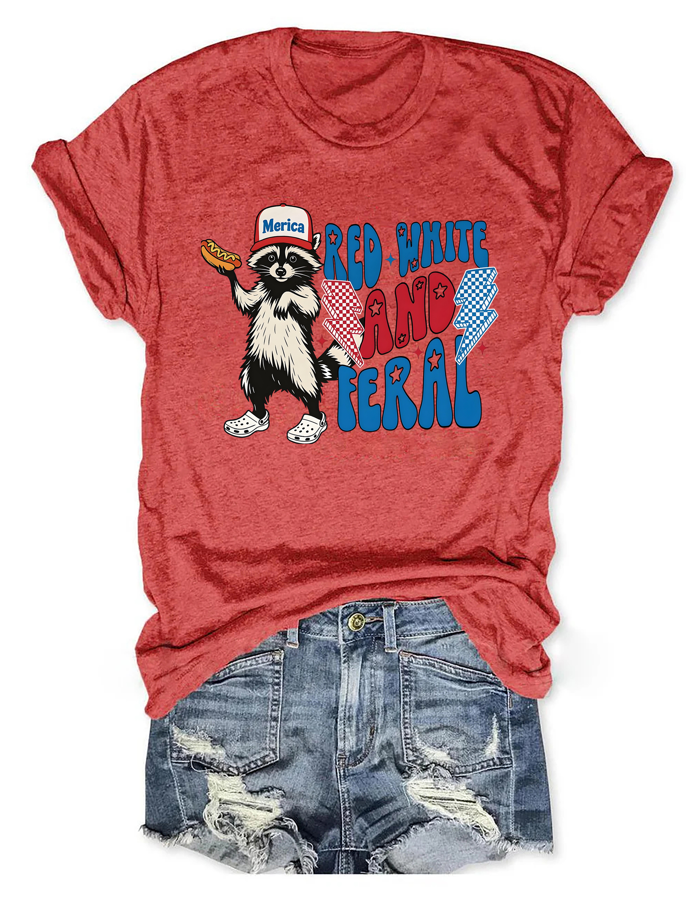 Red White And Feral T-Shirt Animal Themed Humorous Clothes Raccoon Lover Presents