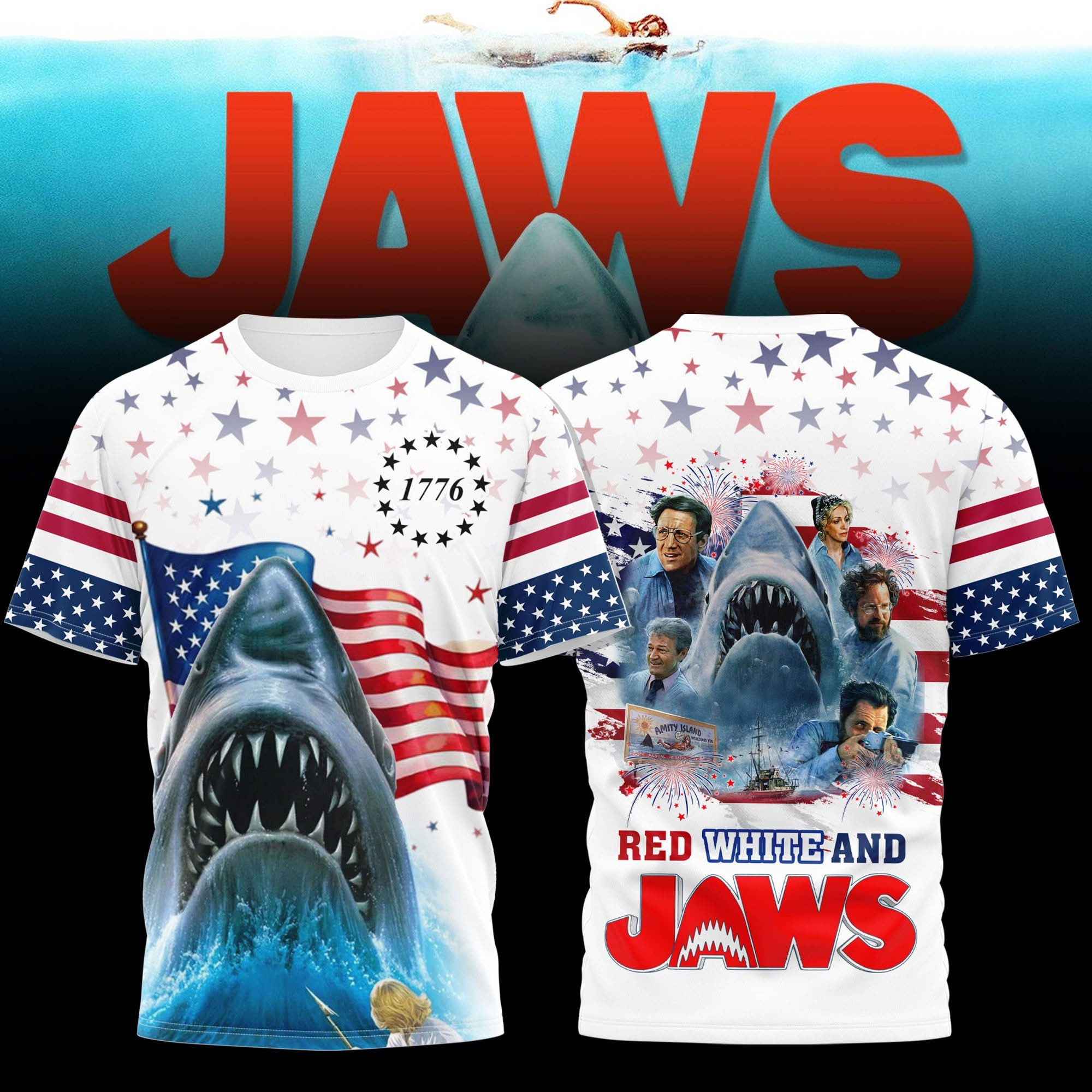 Red White And Jaws 4Th Of July T-Shirt Men's Movie Jaws Themed Gifts For Fans