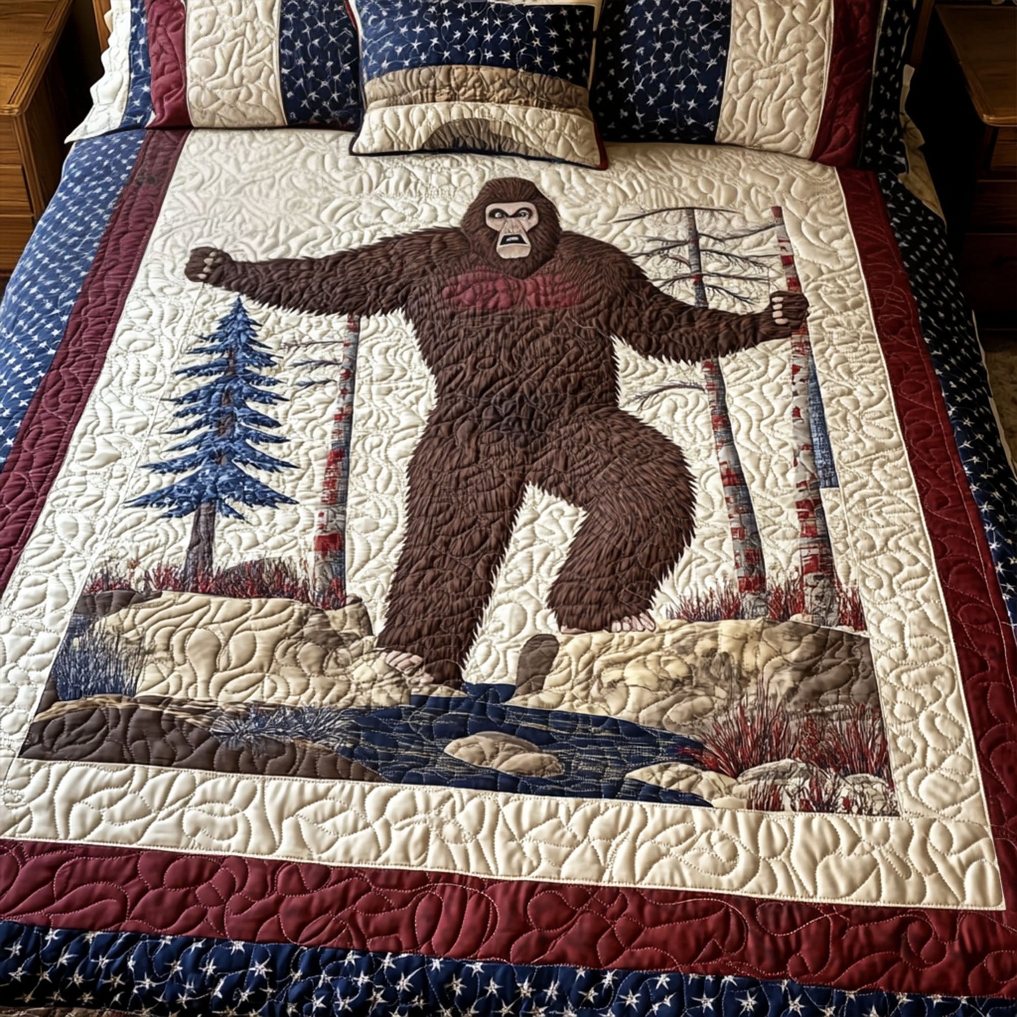 Red White Bigfoot Quilted Bedding Set Cozy Bedroom Decor Bigfoot Sasquatch Gifts