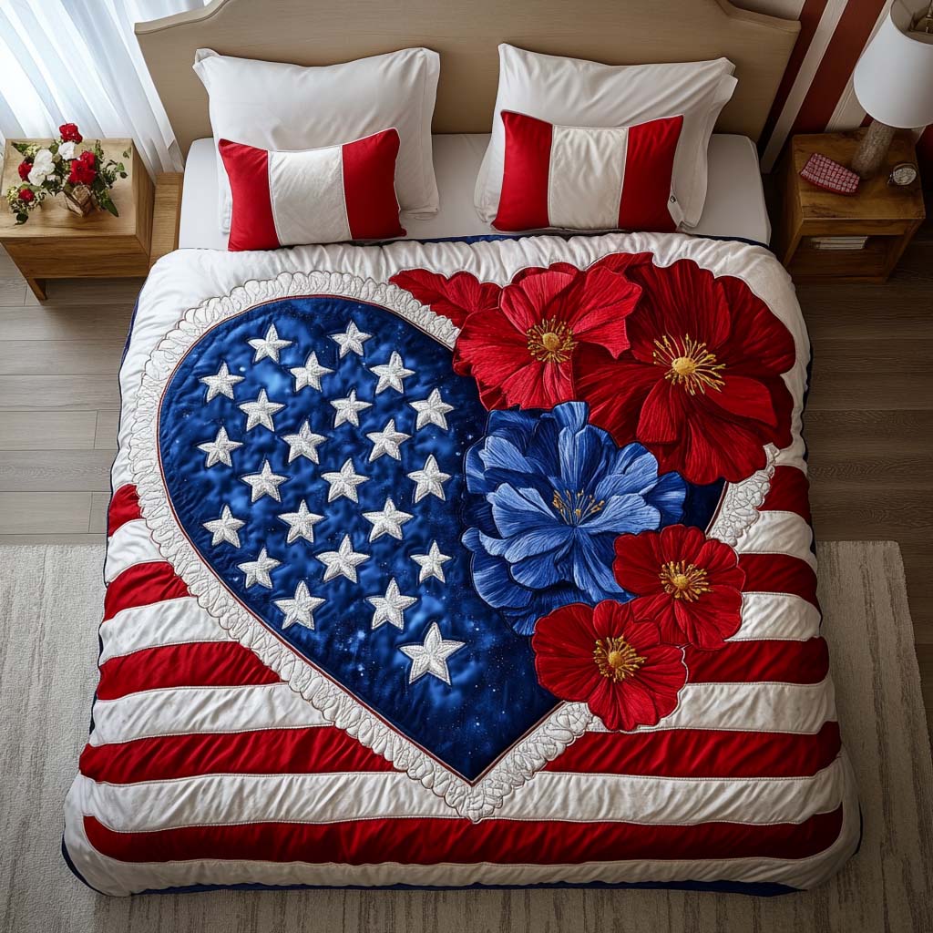 Red White Bloom Quilted Bedding Set Cool Bedroom Decor Patriotic Gifts For Women