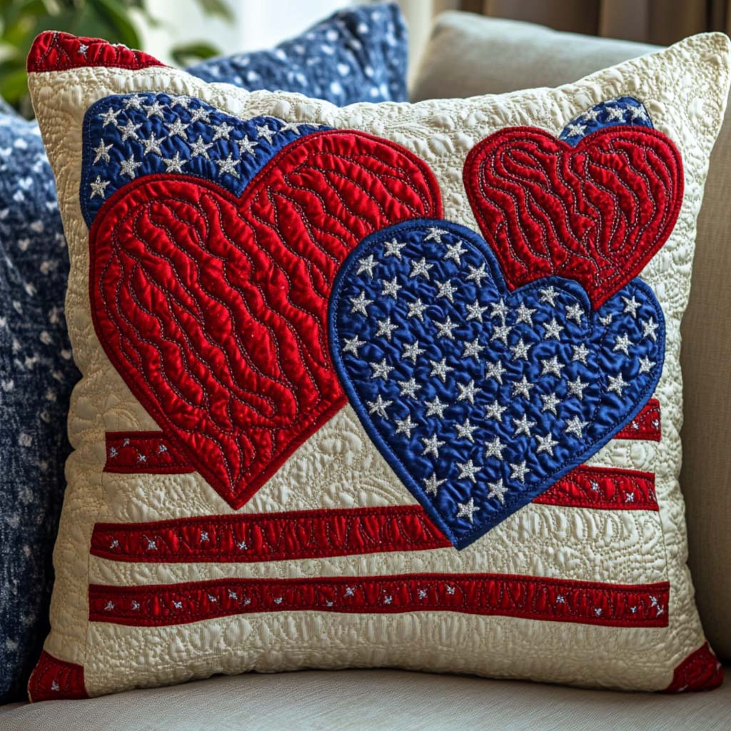 Red White Bloom Quilted Pillow Case Decorative Throw Pillow Covers Patriotic Themed Gifts