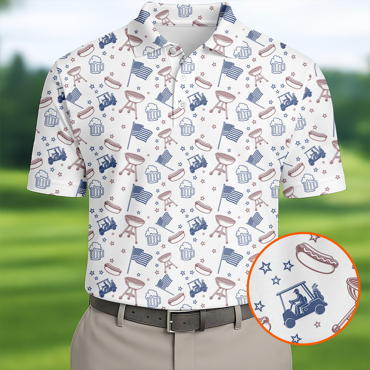 Red White Blue American BBQ Golf And Beer Golf Polo Shirt 4th Of July Golf Shirt
