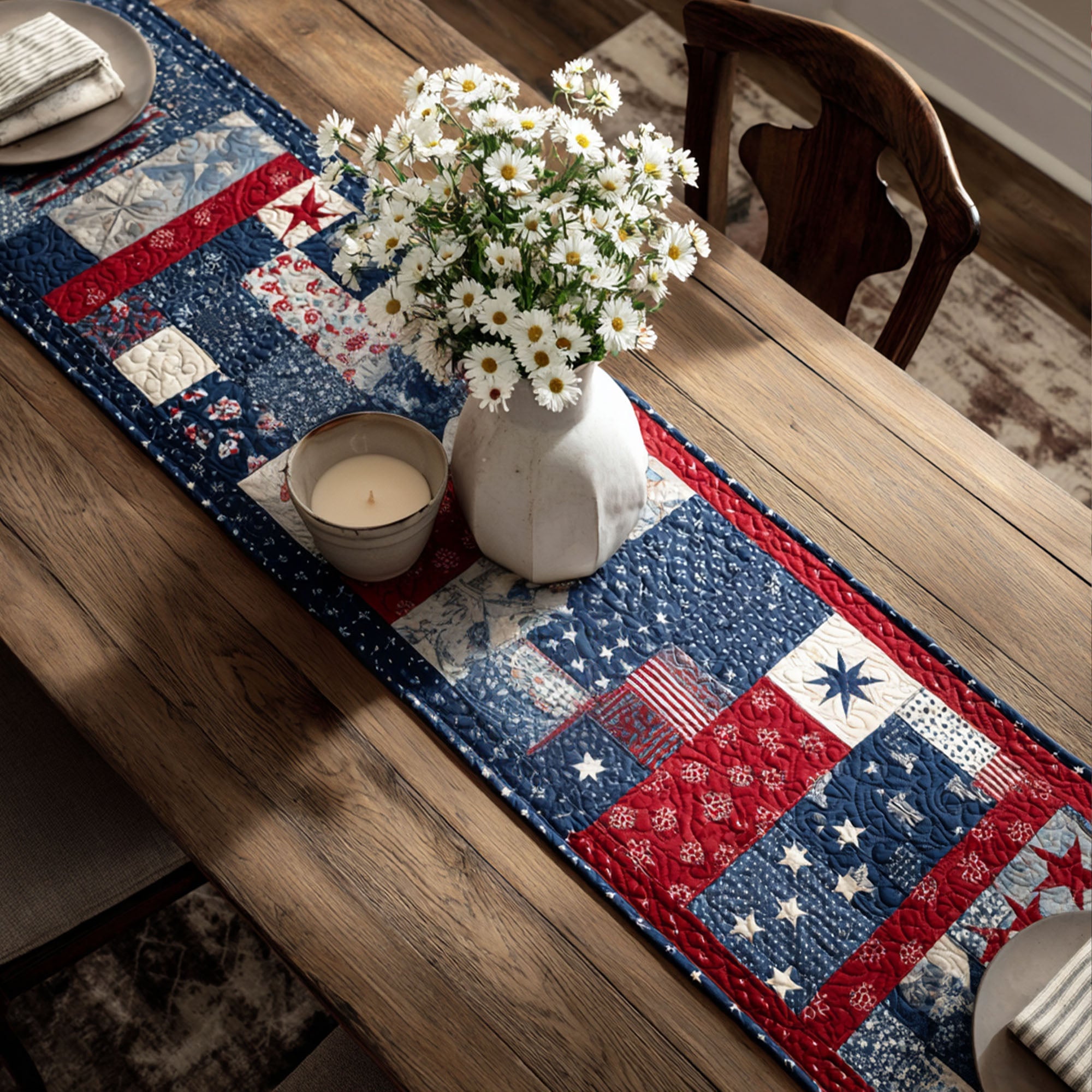 Red White Blue Blocks Quilted Table Runner Dining Room Decor Ideas Patriotic Gift Ideas