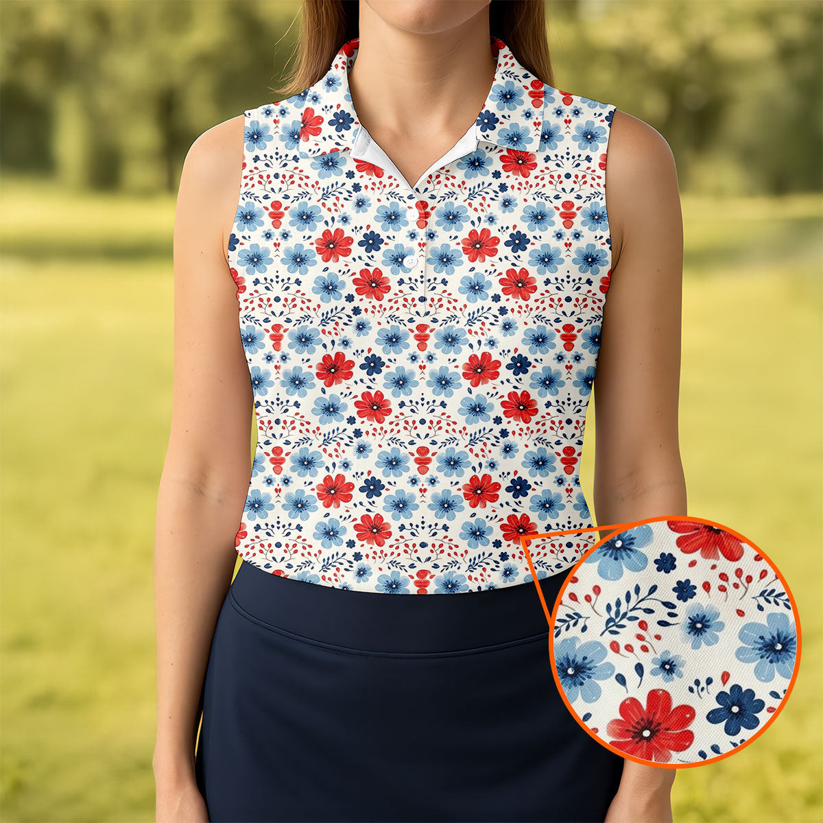 Red White Blue Floral Pattern Sleeveless Polo Shirt Golf Clothes Best Gifts For Golfers