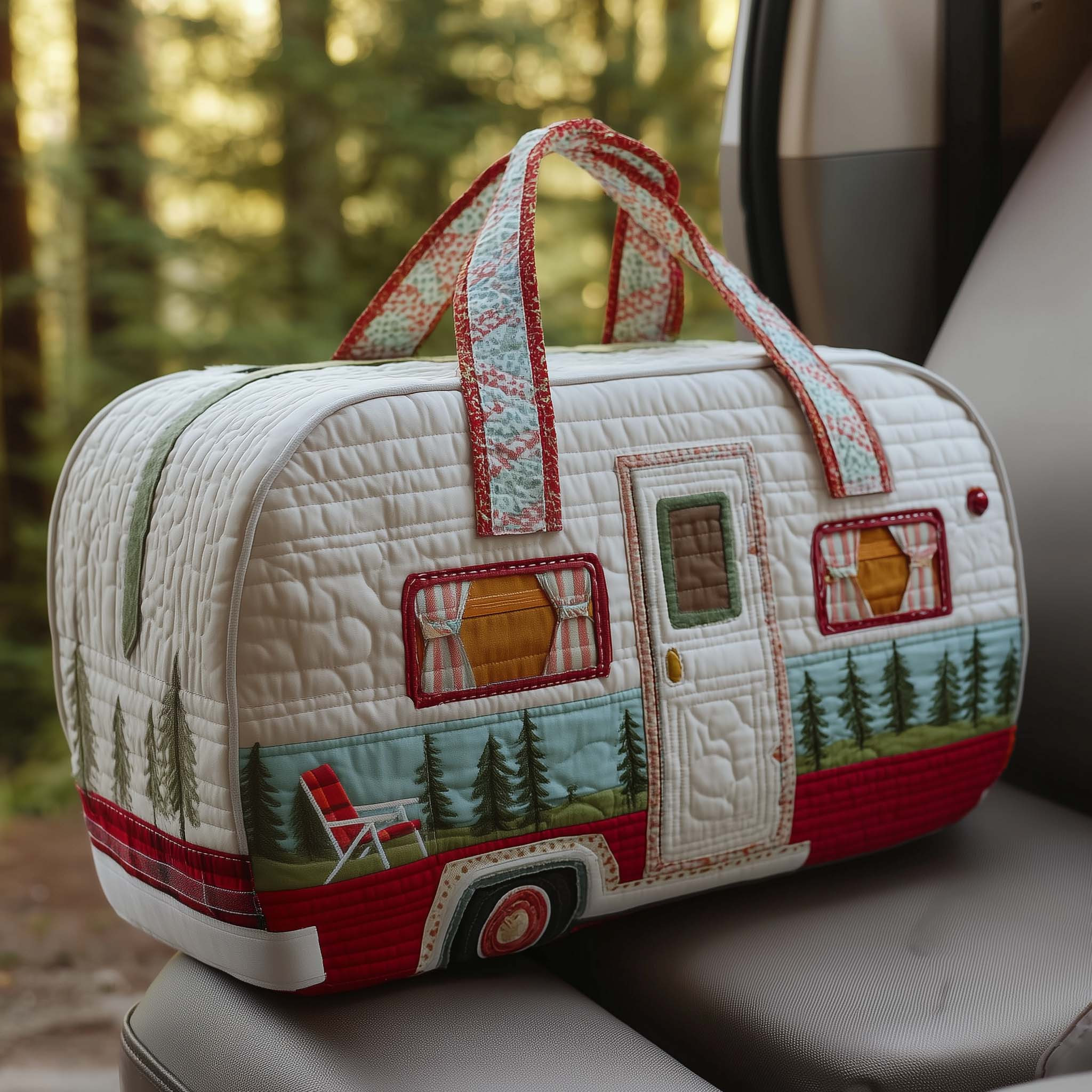 Red White Camper Quilted Duffle Bag Forest Pine Trees Outdoor Camping Best Gift Ideas