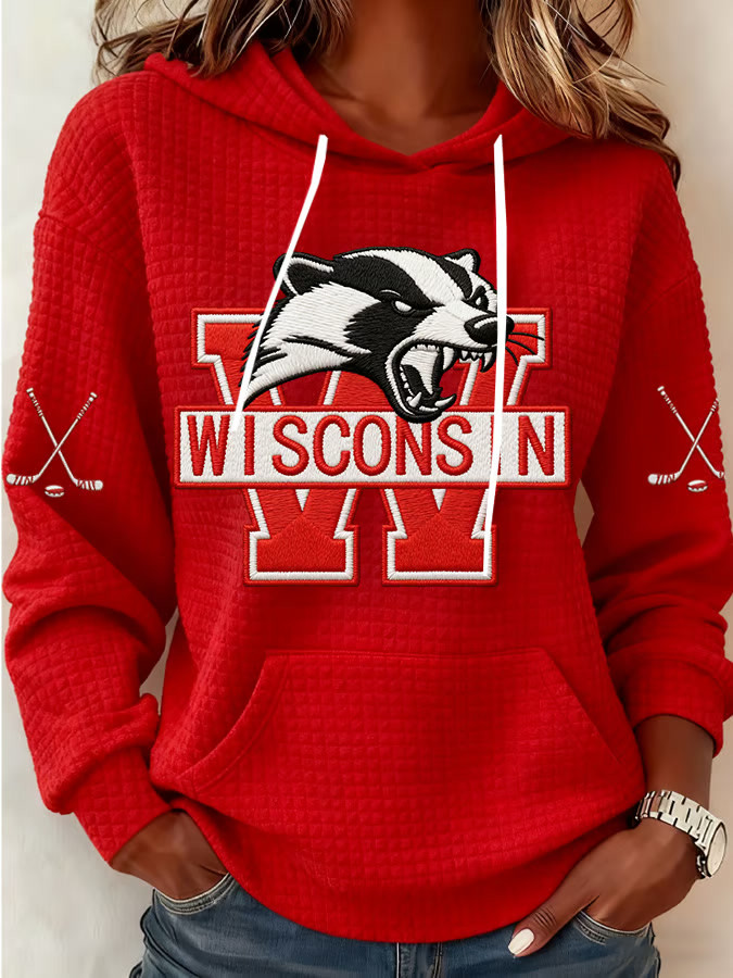 Red Wisconsin Ice Hockey Hoodie Game Day Clothes Gifts For Hockey Enthusiasts