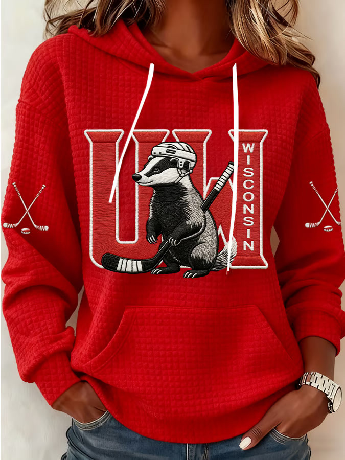 Red Wisconsin Ice Hockey Hoodie Game Day Clothes Great Gifts For Hockey Fans