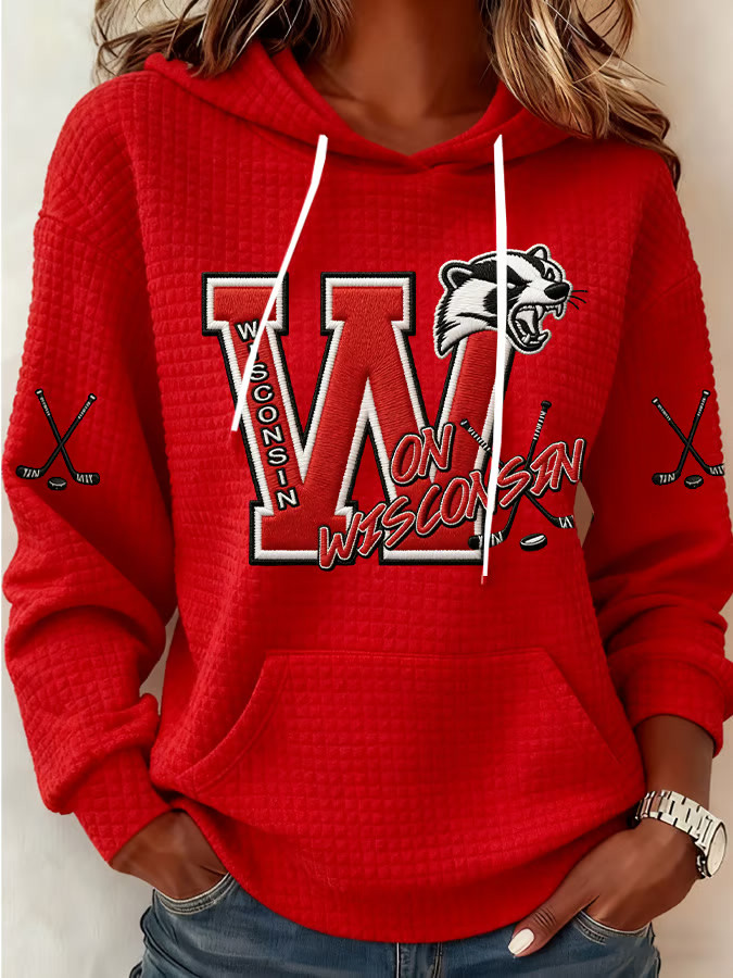 Red Wisconsin Ice Hockey Hoodie Game Day Merch Ice Hockey Fan Gifts