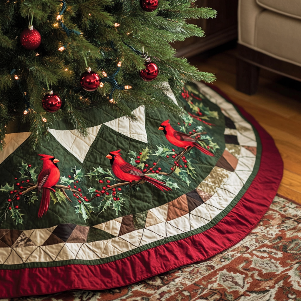 Redbird Bliss Quilted Tree Skirt Unique Holiday Gift Merch for Family Homes