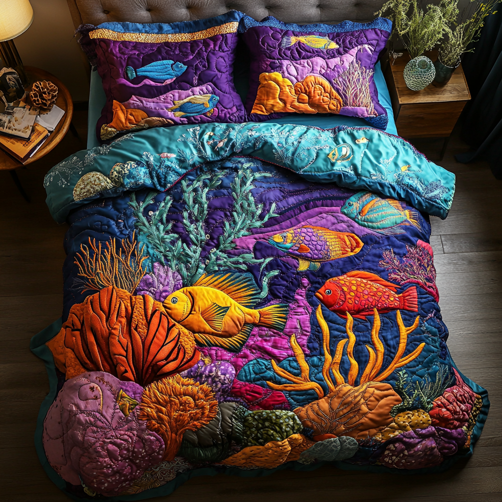 Reef Delight Quilted Bedding Set Bed Decor Best Gifts For Fisherman 2025